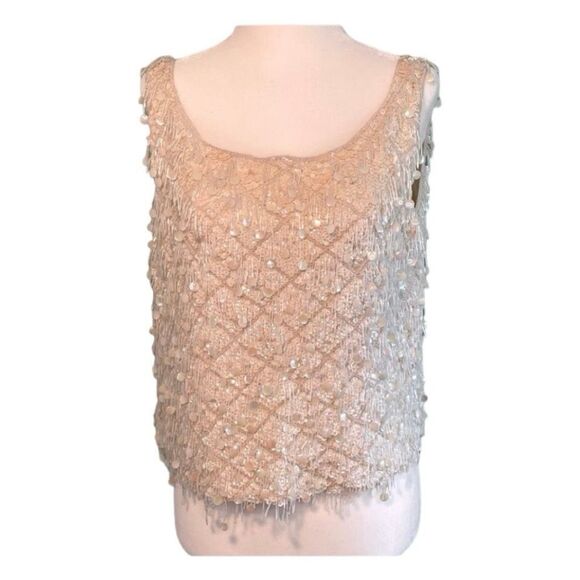 Vintage 60s Cavanagh 100% Beaded Sequin Wool Sweater Vest Ivory Cream L - Picture 1 of 11